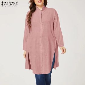 Solid Tunic TopCasual Loose Blusas ZANZEA Women Stand Collar Long Shirt Autumn Long Sleeve Buttons Down Cotton Blouse Plus Size 240202
