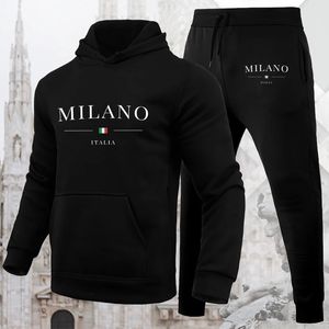 Mens Luxury Hoodie Set Milano Imprimir Moletom Sweatpant para Masculino Com Capuz Tops Jogging Calças Terno Casual Streetwear Treino 240202