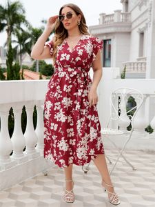 Ankomster djupa v blommor tryck midi sommar casual klänning fjäril kort ärm polyester elegant plus size kvinnor kläder 240202