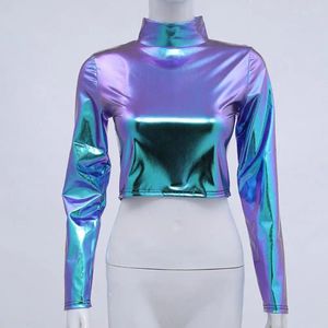 Women's Blouses Faux Leather Women Top Sexy Half-high Collar Crop For Nightclub Stage Show Party T-shirt With Long Sleeve