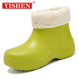 Yishen Women Rain Boots Winter Warm Plush foder gummi stövlar Tjock sula Walking Shoes Waterproof Outdoor Ankle Rainboots Bottes 240202