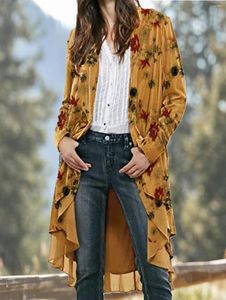 Kvinnors stickor Kvinnor Floral Print Kimono Cardigan Open Front Boho Long Sleeve Maxi Jackets Casual Asymmetrical Hem Regular V-Neck Coat