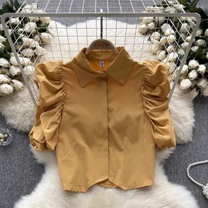 Blusas femininas camisas chiques francesas para mulheres gola virada para baixo nu midriff lapela única manga longa dobra blusa outono feminino tops gota