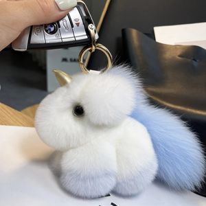 Fluffy Real Rex Rabbit Fur Keychain Cute Unicorn Pendant Keyring Women Girls Bag Ornament Trinket Toys Crafts Födelsedagspresenter 240122