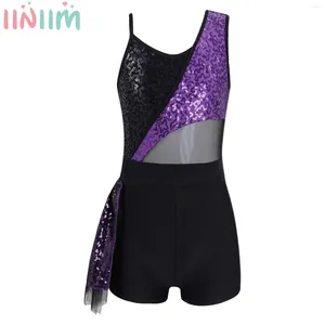 Stage Wear Kids Girls Sleeveless Shiny Sequins Mesh Ruffle Hem Dance Leotard Unitard Performance Figure Ice Skating Dancewear