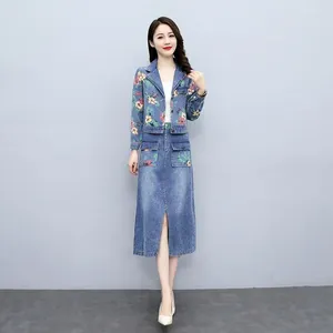 Work Dresses Cowboy Jacket Female 2024 Spring And Aautumn Korean Fashionable Floral Denim Jean Skirt Two-Piece Suits Blue