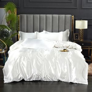Conjunto de cama de seda com capa de edredão lençol fronha luxo cetim lençol cor sólida duplo único rei rainha tamanho gêmeo completo 240202