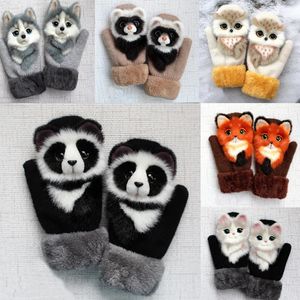 Mulheres bonito dos desenhos animados animal panda gato coruja raposa condução luva grande criança inverno brinquedo de pelúcia engrossar quente pele de coelho malha mitten i80 240201