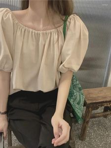 Camicette da donna Estate coreana Nicchia nera Semplice tinta unita in cotone e lino Top monospalla elastico per donna con maniche a palloncino