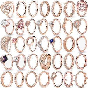 Cluster Rings Classic Rose Gold Series Ring 925 Sterling Silver Shiny Daisy Heart-Shaped Round Crown Charm Fit Diy Ladies Jewel Gifts