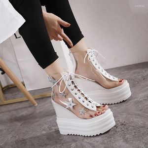 Scarpe eleganti Stivaletti da donna con tacco alto in PVC trasparente europeo Stivaletti estivi con zeppa stringata da donna Discoteca fresca