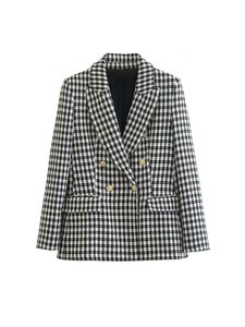 Traf moda feminina duplo breasted houndstooth blazer casaco vintage manga longa bolsos com aba feminino outerwear chique vestes terno 240202