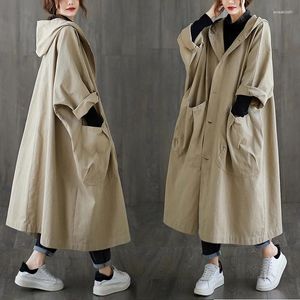 女性用トレンチコート女性コーティング秋の冬シングルブレストトレンチコートフード付きルーズカジュアルロング大きなポケットウィンドブレイカー女性のアウトウェア