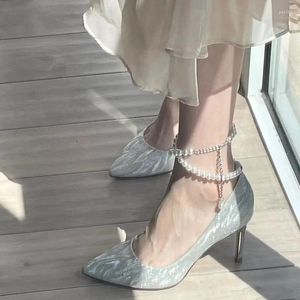 Dress Shoes Shiny Glitter High Heels Pumps Women 2024 Autumn Luxury Pearl Stiletto Heeled Designer Woman Pointed Toe Silver Party Shoe