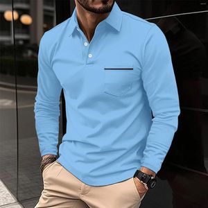 Polo da uomo 2024 T-shirt con taschino a maniche lunghe primaverili Polo da business casual con fibbia