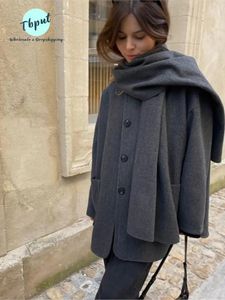 Outono inverno senhora quente retalhos grosso casaco feminino casual cachecol colarinho único breasted bolso casacos moda feminina jaqueta de rua 240125