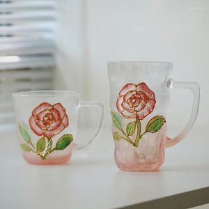 Wine Glasses Hand-painted Pink Rose Glass Cup With Handle Cold Drink Coffee Tea Mug Water Home Office Drinkware Teacup 240ML/300ML Gift