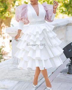 Casual Dresses Women Party Sweet High Waist Large Size White Solid Cake Puff Dress Autumn/Winter Round Neck Bubble Sleeve