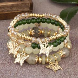 Strand 4Pcs Women Bohemia Style Bracelet Faux Crystal Beads Butterflies Pendant Elastic Wristband Jewelry Gift