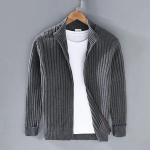 Autumn Winter Men Cardigan Sweater Mens Stand Collar Zipper Cotton 100% Thickened Knit Solid Color High Street Clothes 240130