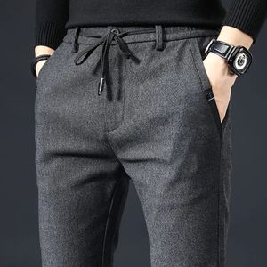 Além de lã de lã espete as calças esportivas casuais masculinas moda de streetwear moda outono de inverno roupas masculinas sólidas calças retas 240129