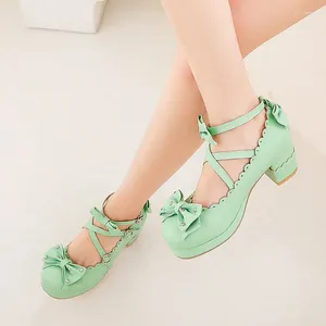 Vestido sapatos yqbtdl verão 2024 bonito verde mulheres saltos arco cruz cinta plissado mary jane princesa cosplay bloco bombas de salto alto rosa