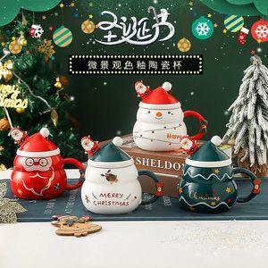 Natal caneca ano presente decoração conjunto drinkware festa decoração copo de café com tampa colher dos desenhos animados bonito cerâmica caneca xícara de chá 240123