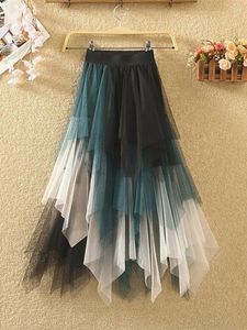 Saias Long Tutu Tulle Saia Mulheres Moda 2024 Verão Coreano Irregular Contraste Cor Alta Cintura Plissada Maxi Feminino Z566