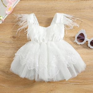 Abiti da ragazza per bambine senza maniche, pagliaccetto in rete di pizzo carino con piume, body per bambini, abbigliamento, moda, piccoli body, danza