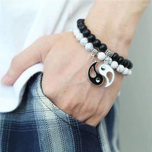 Strand Coppia OL Olio Gocciolante Tai Chi Yin Yang Corrispondenza Nero Bianco Donna Uomo Gemma Bracciali a catena a mano Gioielli Amante Perline Pietra rotonda