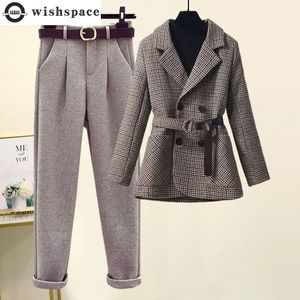 Korean Style Belt Decoration Vintage Jacket Blazer Flocked Casual Pants Twopiece Elegant Womens Office Suit 240202