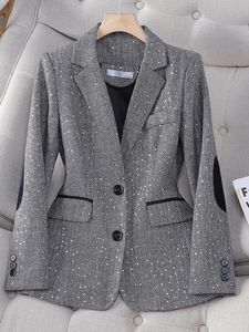 Autumn Retro Gray Splice Plaid Sequins Blazers Coat For Women Brown Elegant Business Vintage Ladies Suit Jacket Fashion Y2k 240202