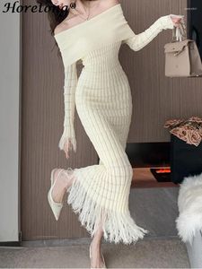 캐주얼 드레스 Horetong Slim Fit Knitted Long Dress 여성 가을 ​​겨울 슬리브 슬래시 목에 탄성 술 섹시한 우아한 세련