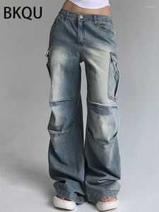 Damen Jeans BKQU 2024 Baggy Wide Leg Cargohose Frauen Casual Übergroße Taschen Niedrige Taille Gerade Streetwear Hippie Joggers Hose