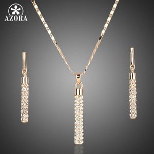 AZORA Gold Color Clear Austria Crystals Drop Earrings and Pendant Necklace Jewelry Sets TG0007 240125