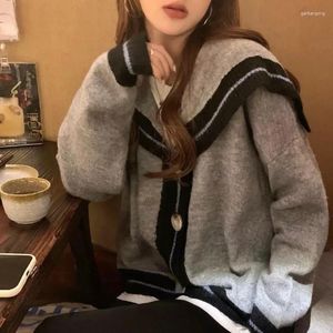 Kvinnors stickor Korean Sailor Collar Long Sleeve Cardigan Y2K Preppy Style Sueter Mujer Sticked Chic Sweaters Coats Women Grey Loose Tops