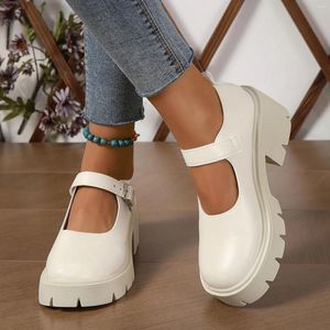 Klädskor damer solid färg retro chunky klack spänne tjock botten casual sneakers vita klackar kvinnor runt tå mary jane