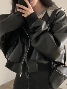 Faux Pu Leather Jacket Women Korean Fashion Hooded Zipper Short Coats Female Autumn Vintage Long Sleeve Moto Biker Outerwear 240122