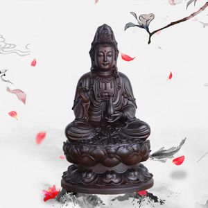 Estátua de madeira guanyin de 6 polegadas, cártamo, madeira sólida, preto, sândalo, estátua de buda, casa, decoração de feng shui 240202