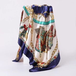 Scarves 90 90cm Versatile Silk Scarf Women Large Shawl Floral Print Square Bandanna Luxury Brand Kerchief Female Foulard Muffler