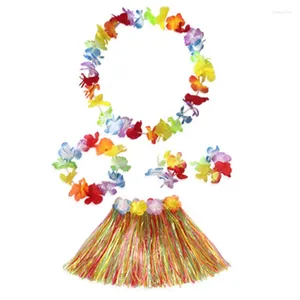 Decorative Flowers Kids Girls Hawaiian Luau Grass Hula Style Suit Flower Skirt Garland Dance Party Costume Set Woman Dress Up