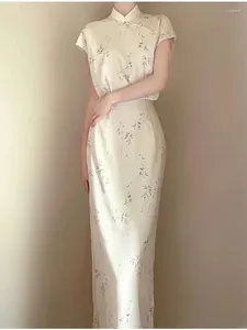 Etniska kläder sommarkvinnor kort ärm cheongsam vit qipao elegant tryck kinesisk klänning retro traditionell orientalisk