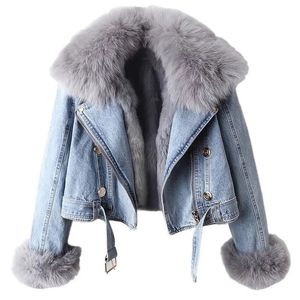 Kvinnor faux räv päls krage jean kappa vinter parkas modejacka kvinnlig kort varm parkas kanin hår foder utkläder R067 240125