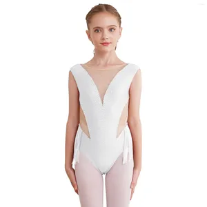 Stage Wear Kids Girls Gymnastics Tassel Dance Leotard Swing Bodysuit Shiny Rhinestone Figure Skating Ballet Latin Performance Costume