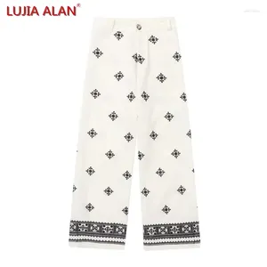 Women's Pants 2024 Embroidered Wide Leg Casual Female High Waist Loose Ninth Trousers LUJIA ALAN P3715