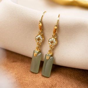 Dangle Earrings天然ヘティアンジェイドグリーンS925スターリングシルバーコインレトロファッショントレンドパーソナライズされた耳