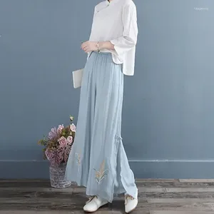 Ethnic Clothing 2024 Chinese National Style Retro Elegant Slacks Wide Leg Pants Embroidered Flower Casual Elastic Waist For Women G723