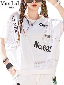 レディースTシャツマックスルル2024ストリートウェアレディースサマンクラシックルーズセクシーメッシュプリントレディースラグジュアリーカジュアルパンクトップファッション服