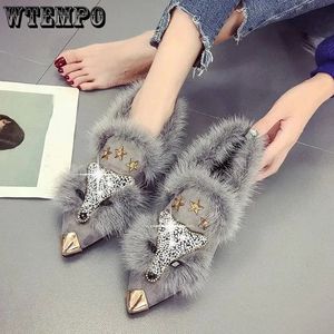 Wtempo moda slip 999 sivri ayak parmağı sıcak kürk ayakkabıları kadınlar şık Korece Kış Kış Düşük Kalın Kalın Rhinestone Pompalar Toptan 240125