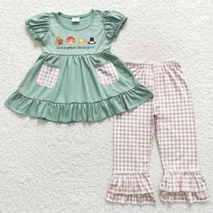 Set di abbigliamento All'ingrosso Baby Girl Turchia Torta di zucca Set Cotone verde Tunica tascabile Pantaloni scozzesi Neonato Bambini Bambino Bambino Ringraziamento